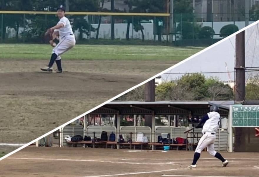 野球の試合のシーンが2つに分かれており、上部はピッチャーが投球動作をしている場面、下部はバッターが打撃をしている場面です。背景には野球場のフェンスやベンチが写っています。